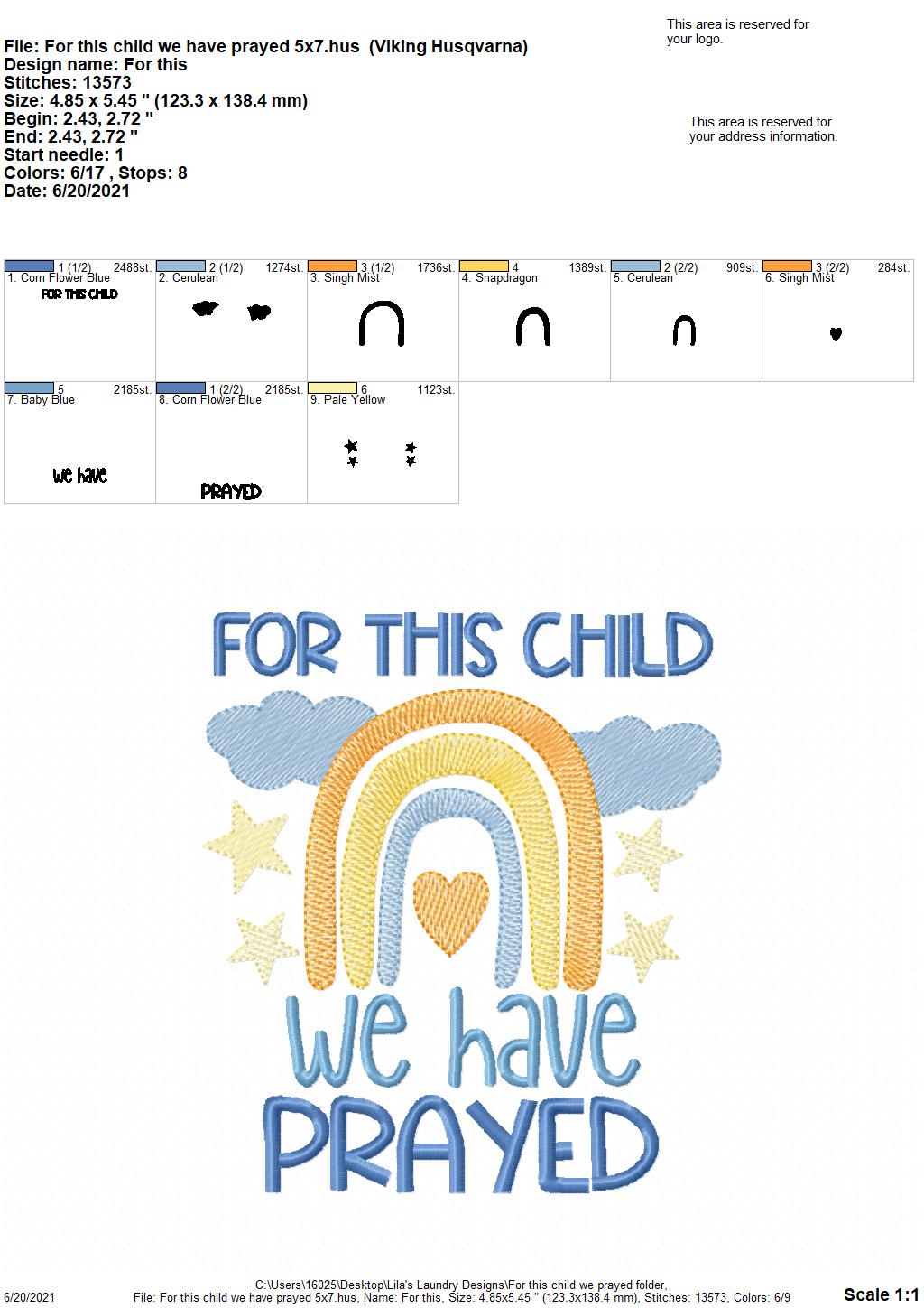 For this child we have prayed - 4 sizes- Digital Embroidery Design