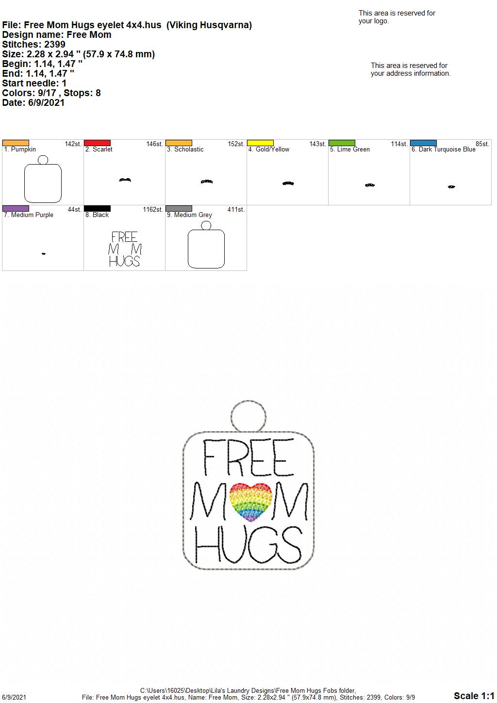 Free Mom Hugs Fobs - DIGITAL Embroidery DESIGN