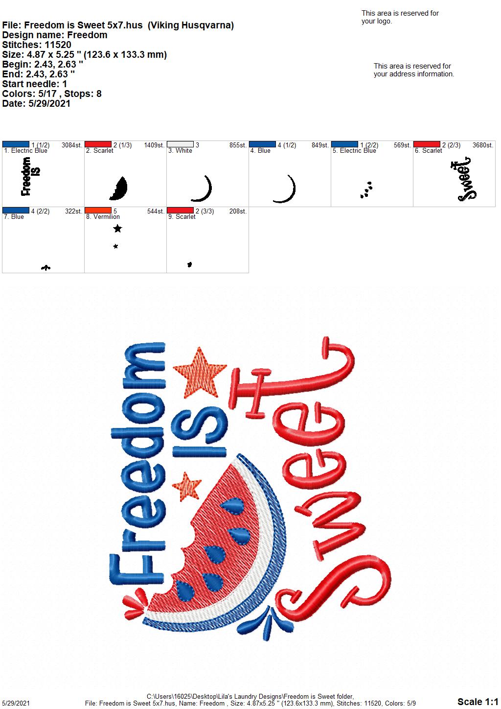 Freedom Is Sweet - 4 sizes- Digital Embroidery Design