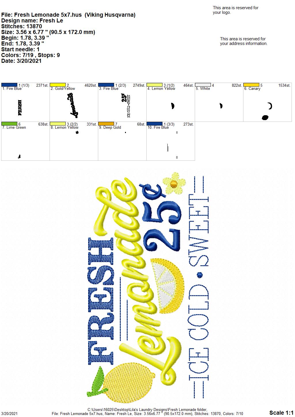 Fresh Lemonade - 3 sizes- Digital Embroidery Design