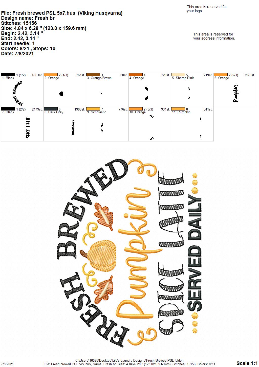 Fresh Brewed PSL - 3 sizes- Digital Embroidery Design
