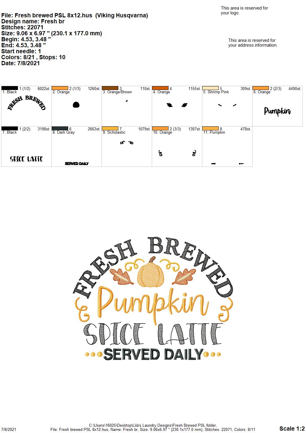 Fresh Brewed PSL - 3 sizes- Digital Embroidery Design
