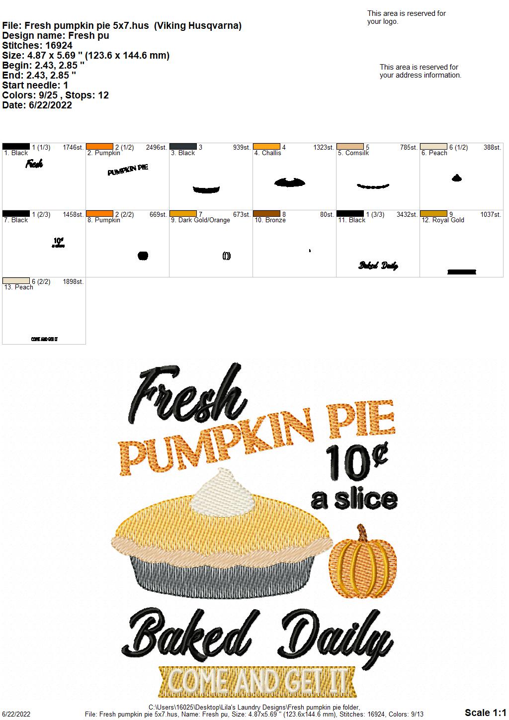 Fresh Pumpkin Pie - 3 sizes- Digital Embroidery Design