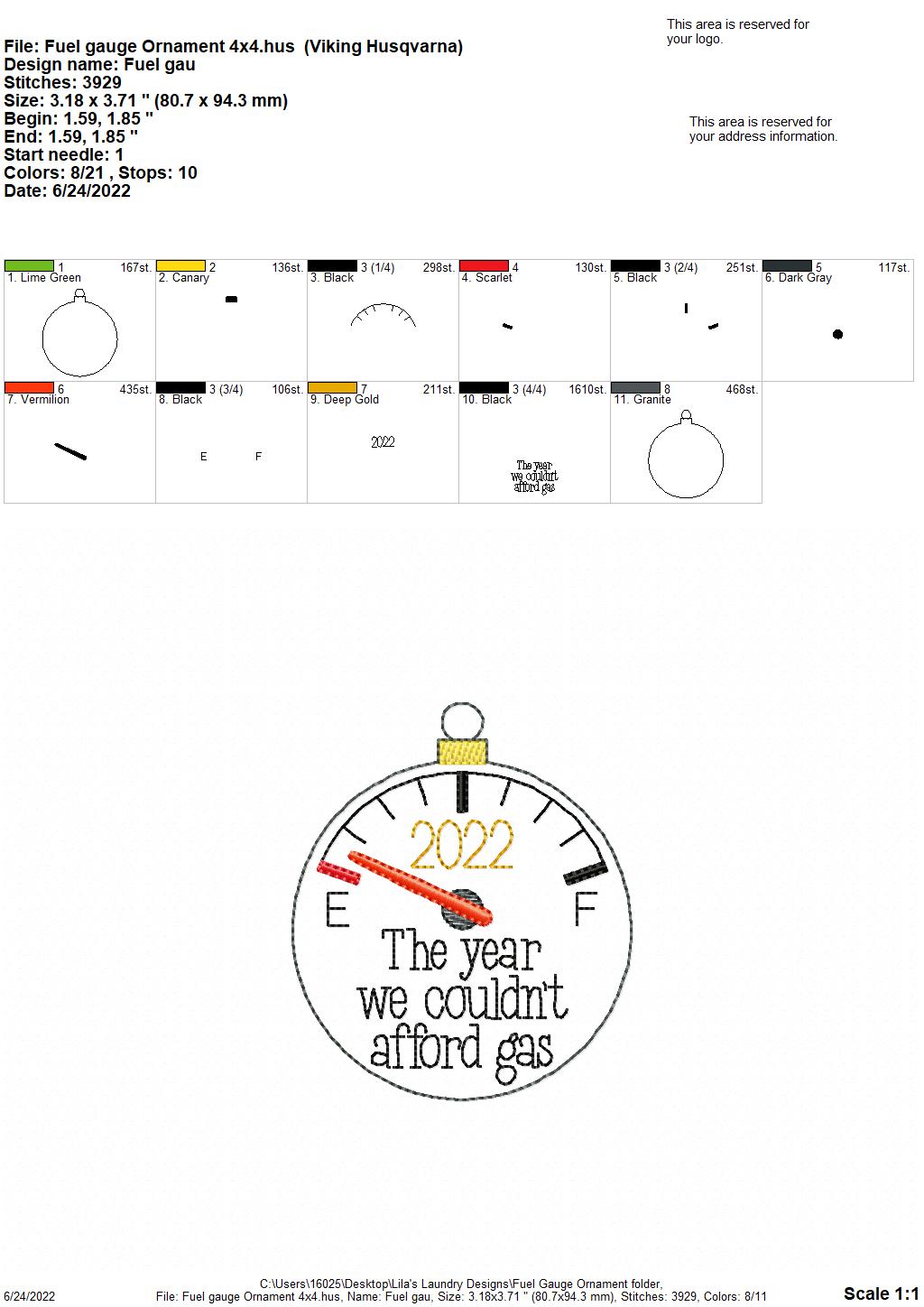 Fuel Gauge Ornament - Digital Embroidery Design