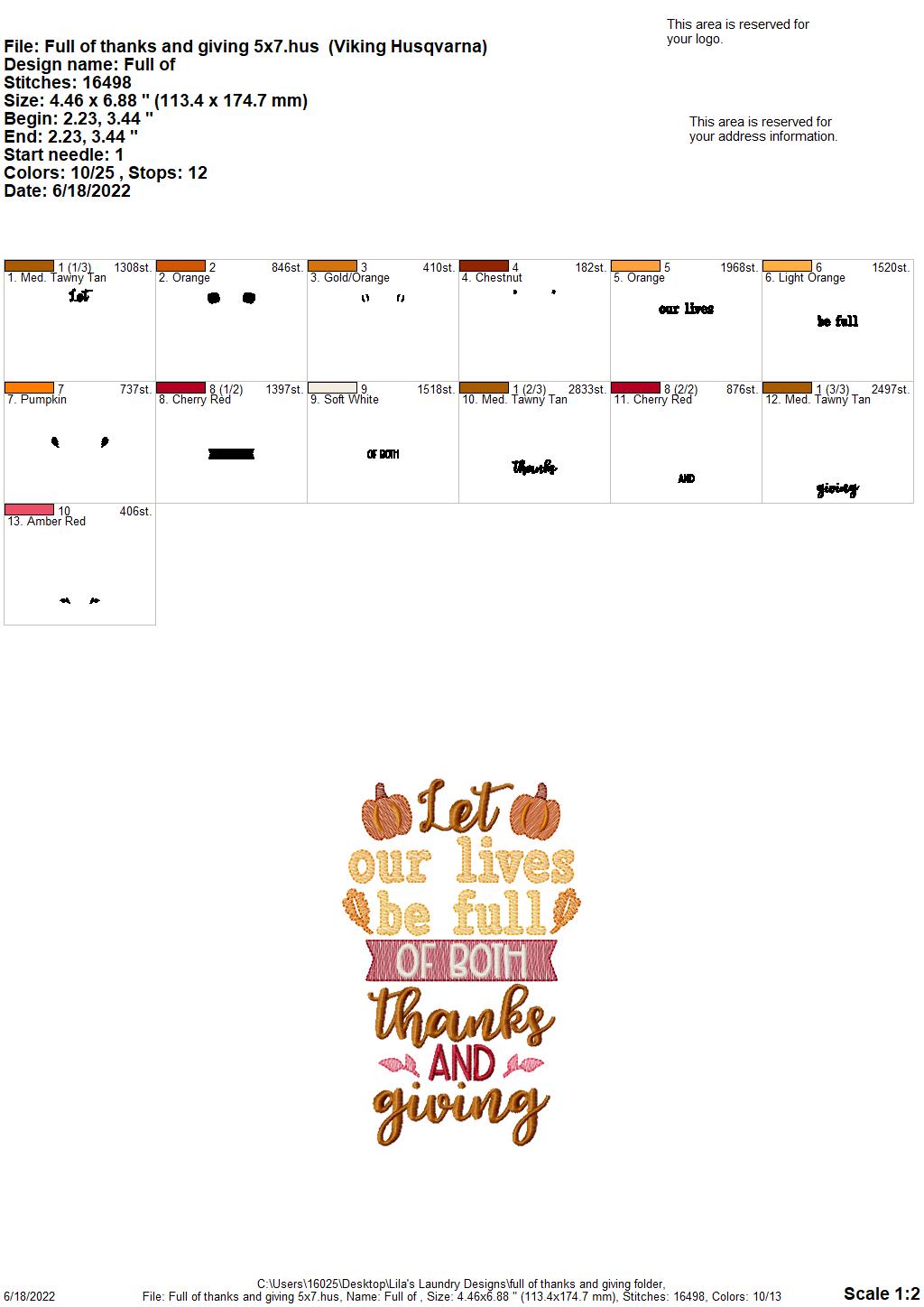 Full of Thanks and Giving - 3 sizes- Digital Embroidery Design
