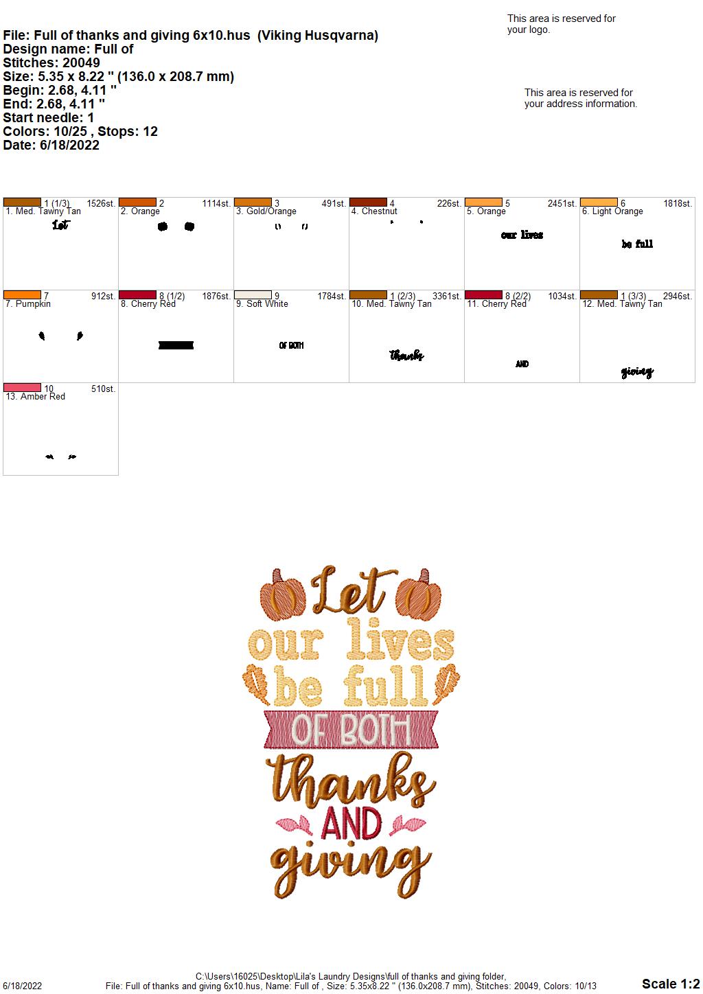 Full of Thanks and Giving - 3 sizes- Digital Embroidery Design
