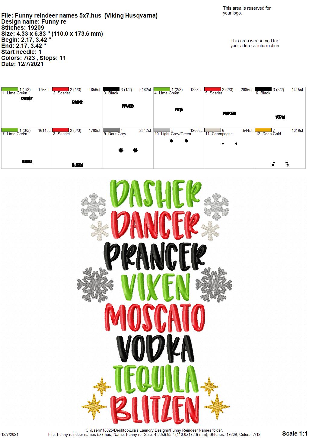 Funny Reindeer Names - 3 sizes- Digital Embroidery Design