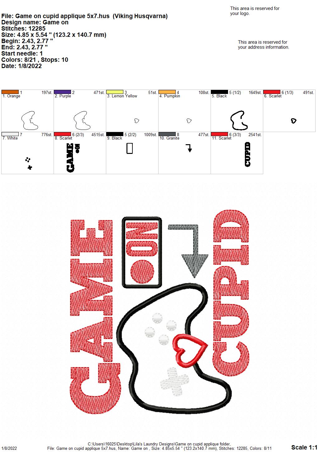 Game on Cupid Applique - 3 sizes- Digital Embroidery Design