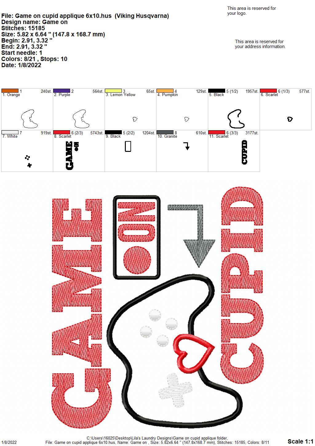 Game on Cupid Applique - 3 sizes- Digital Embroidery Design