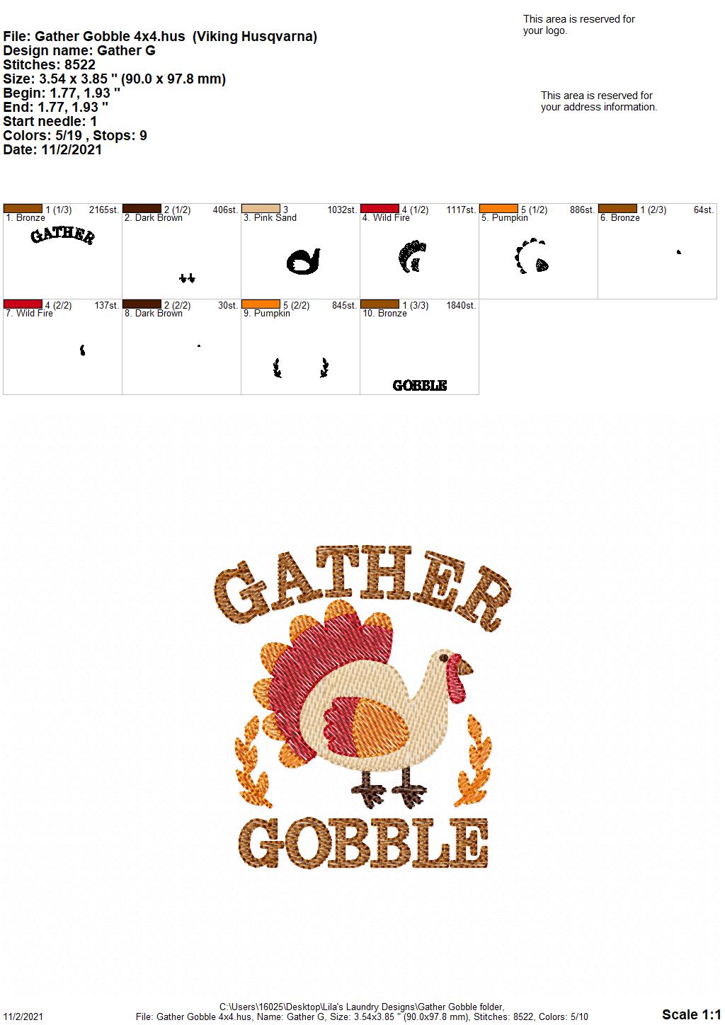 Gather Gobble - 4 sizes- Digital Embroidery Design