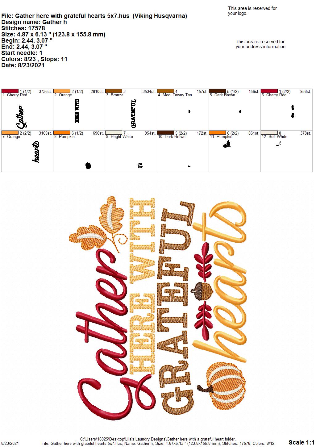 Gather Here with Grateful Hearts - 3 sizes- Digital Embroidery Design