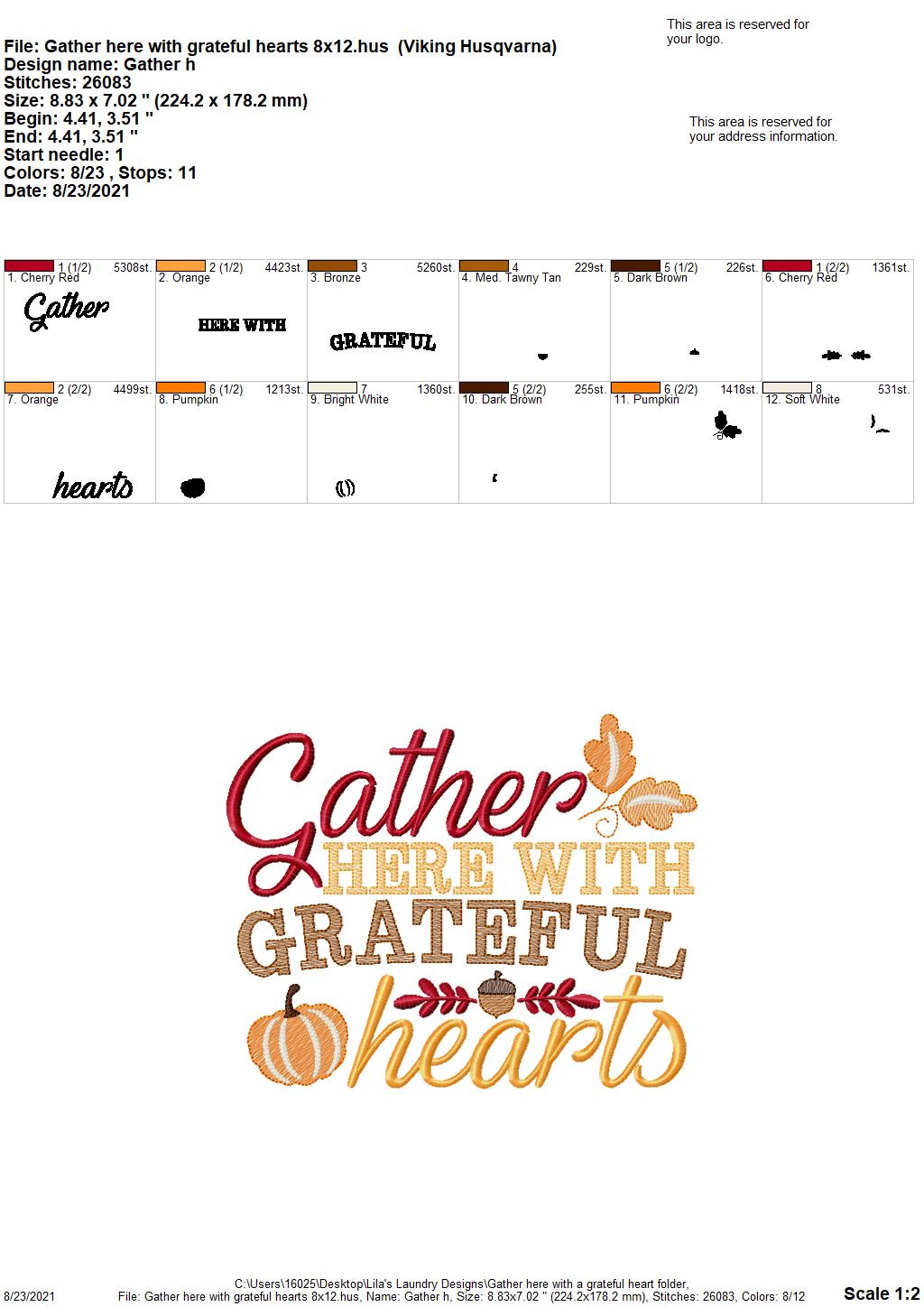 Gather Here with Grateful Hearts - 3 sizes- Digital Embroidery Design