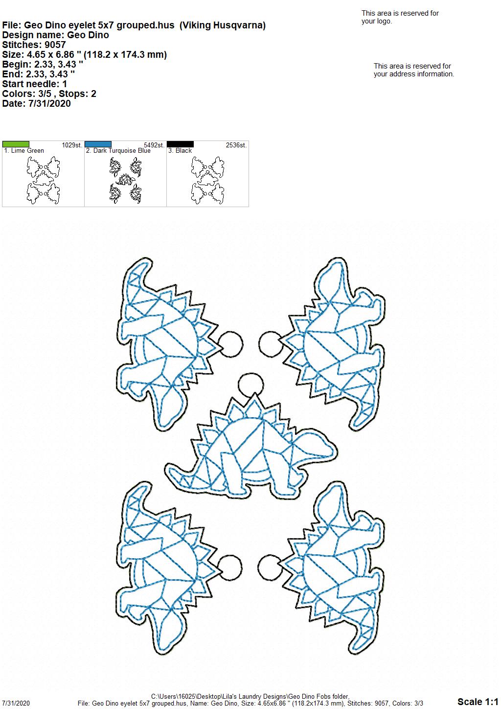 Geo Dino Fobs - DIGITAL Embroidery DESIGN