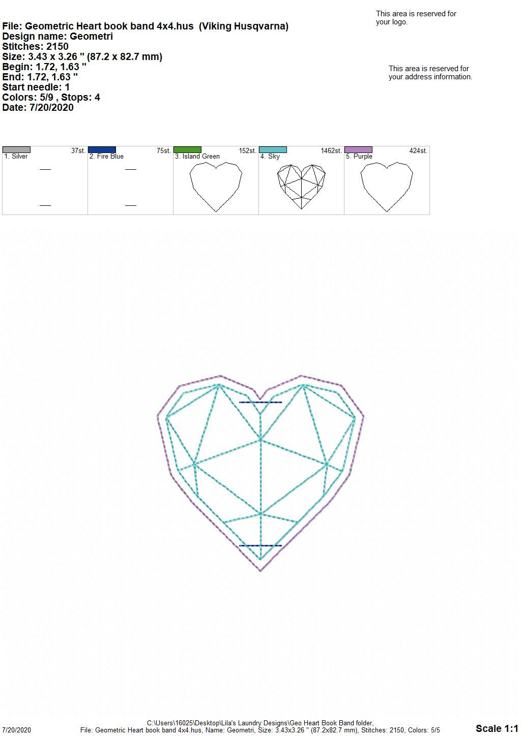 Geometric Heart Book Band - Digital Embroidery Design