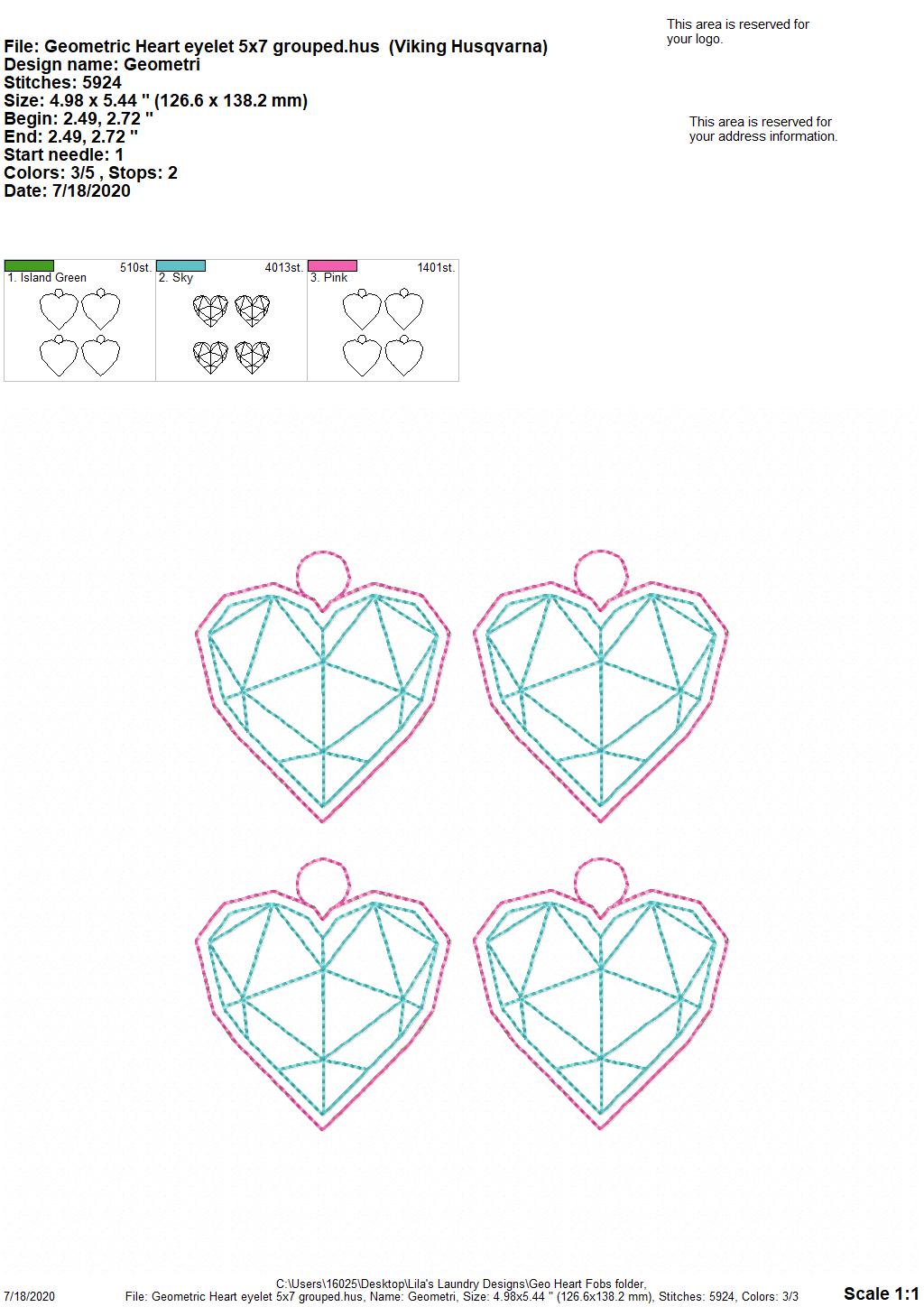 Geo Heart Fobs - DIGITAL Embroidery DESIGN