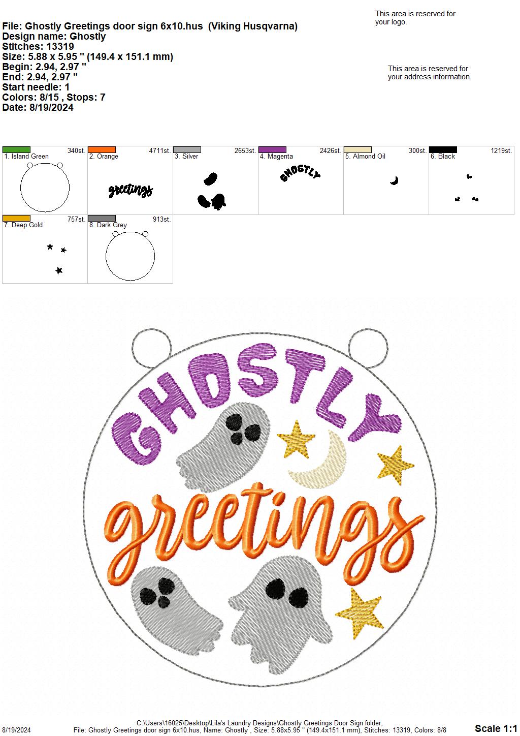 Ghostly Greetings Door Sign - 3 Sizes - Digital Embroidery Design