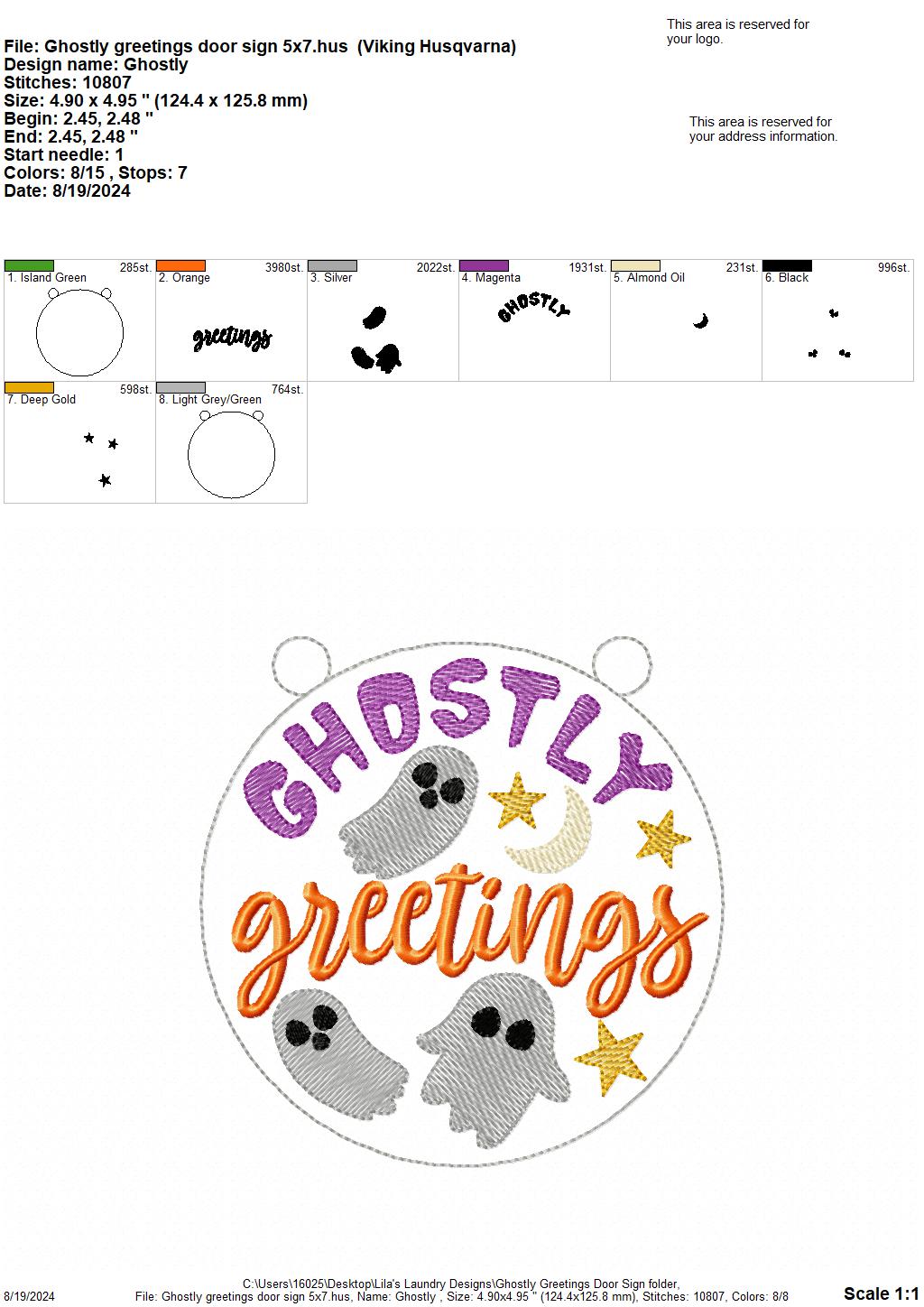 Ghostly Greetings Door Sign - 3 Sizes - Digital Embroidery Design
