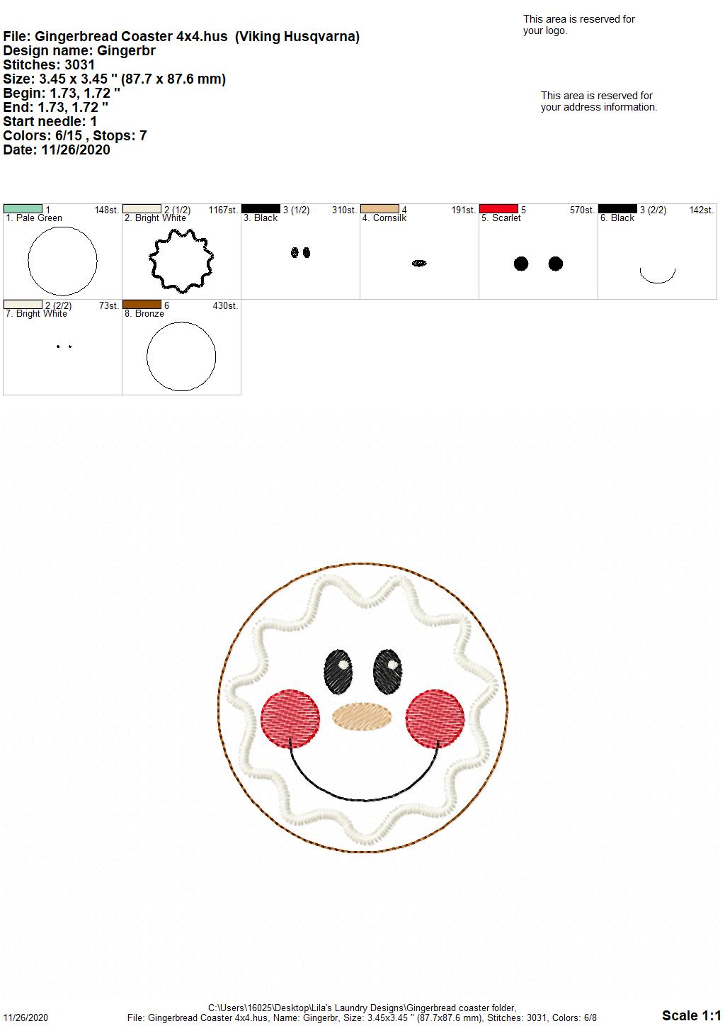 Gingerbread Coaster 4x4 - DIGITAL Embroidery DESIGN