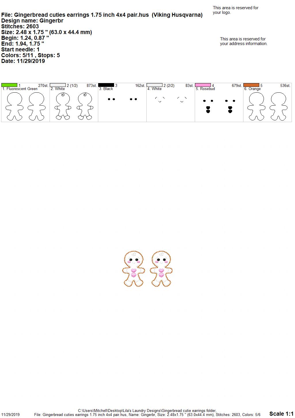 Gingerbread Cutie Earrings - 3 sizes - Digital Embroidery Design