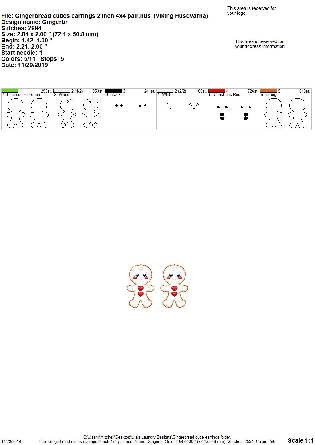 Gingerbread Cutie Earrings - 3 sizes - Digital Embroidery Design