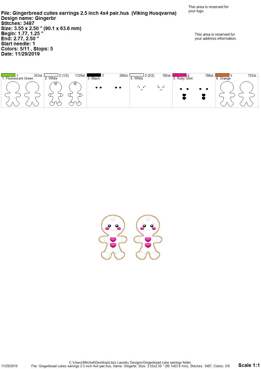 Gingerbread Cutie Earrings - 3 sizes - Digital Embroidery Design