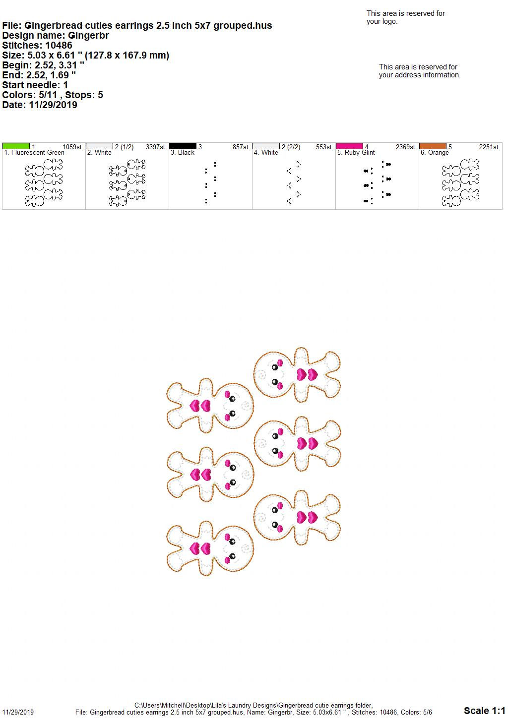 Gingerbread Cutie Earrings - 3 sizes - Digital Embroidery Design