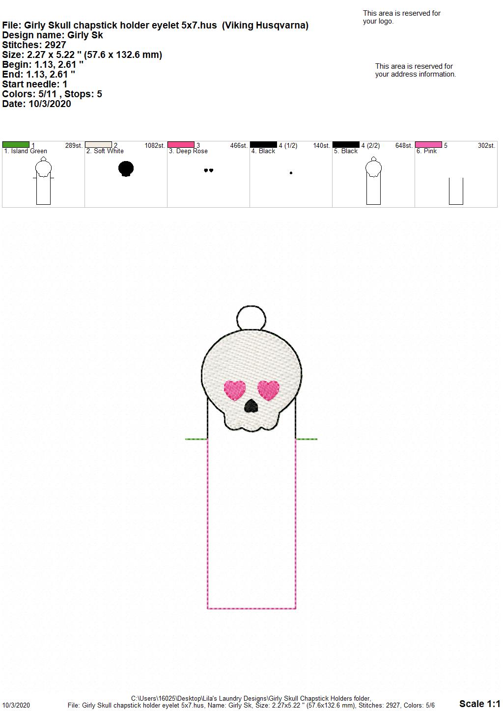 Girly Skull Lip Balm Holders 5x7 - DIGITAL Embroidery DESIGN