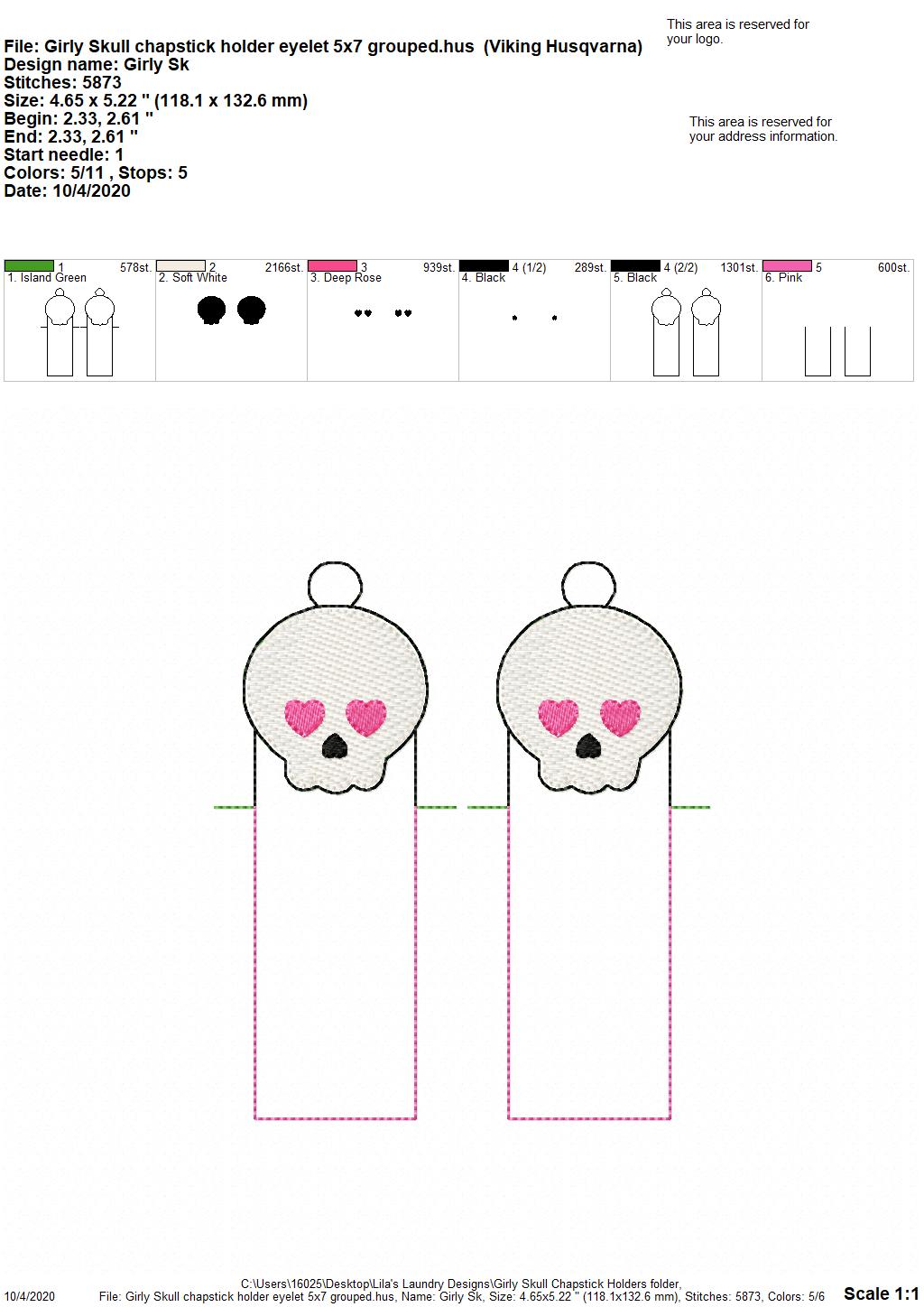 Girly Skull Lip Balm Holders 5x7 - DIGITAL Embroidery DESIGN