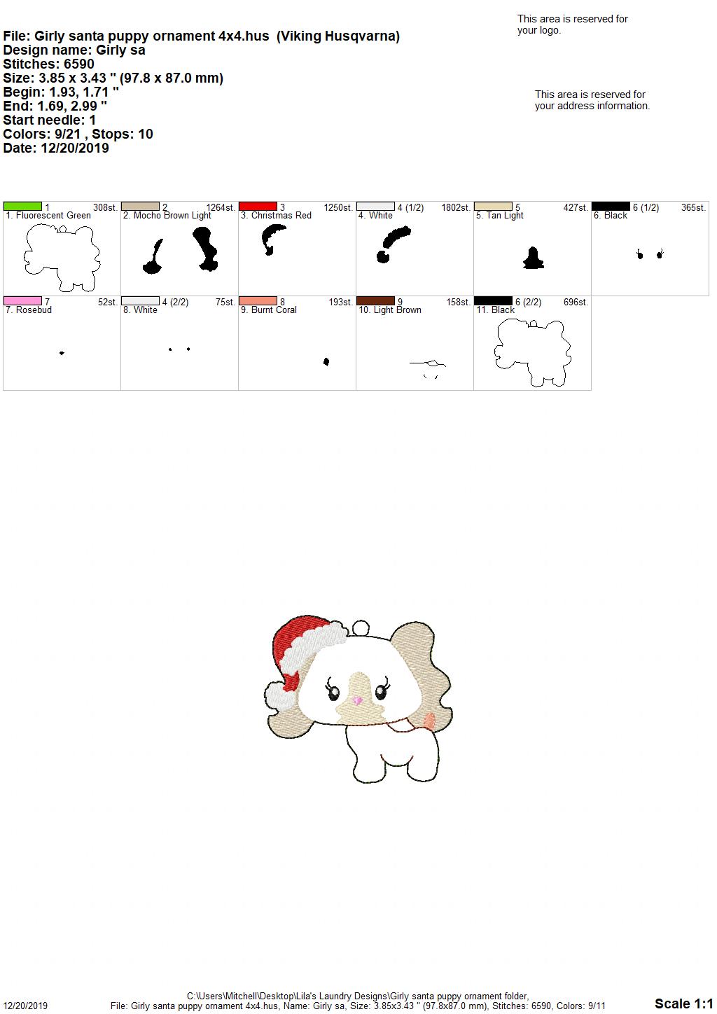 Girly Santa Puppy Ornament 4x4 and 5x7 grouped - Digital Embroidery Design
