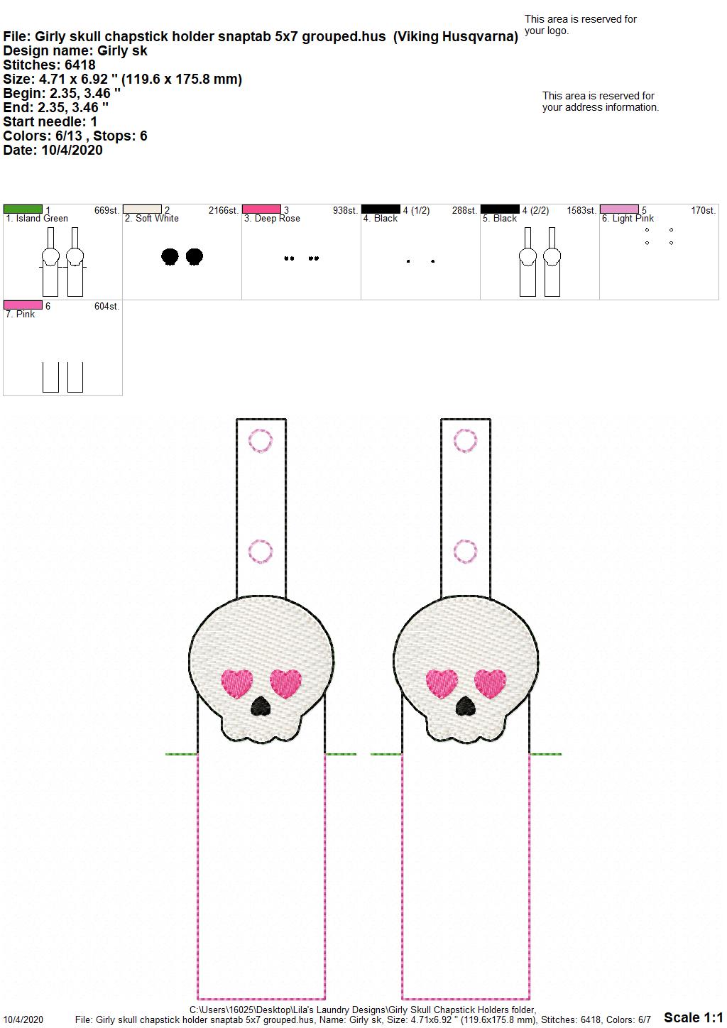 Girly Skull Lip Balm Holders 5x7 - DIGITAL Embroidery DESIGN