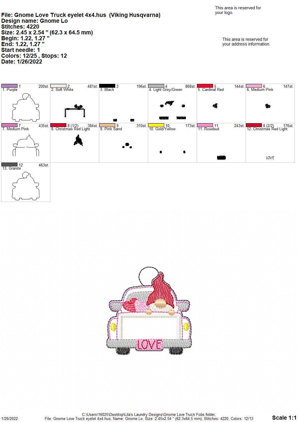 Gnome Love Truck Fobs - DIGITAL Embroidery DESIGN