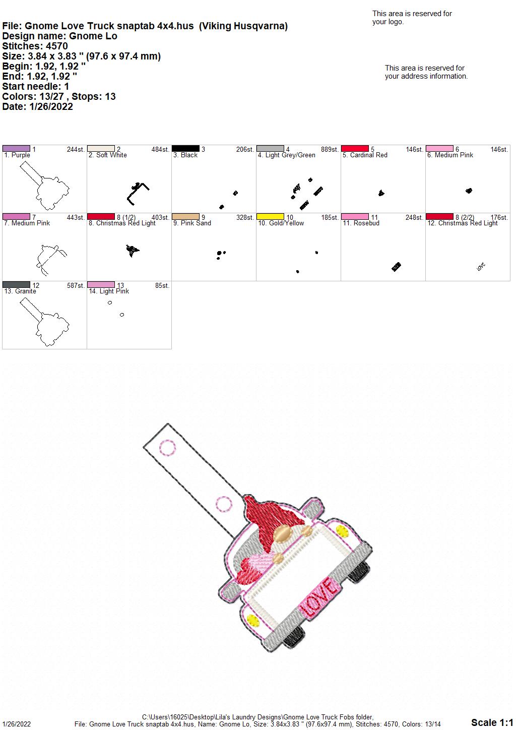 Gnome Love Truck Fobs - DIGITAL Embroidery DESIGN