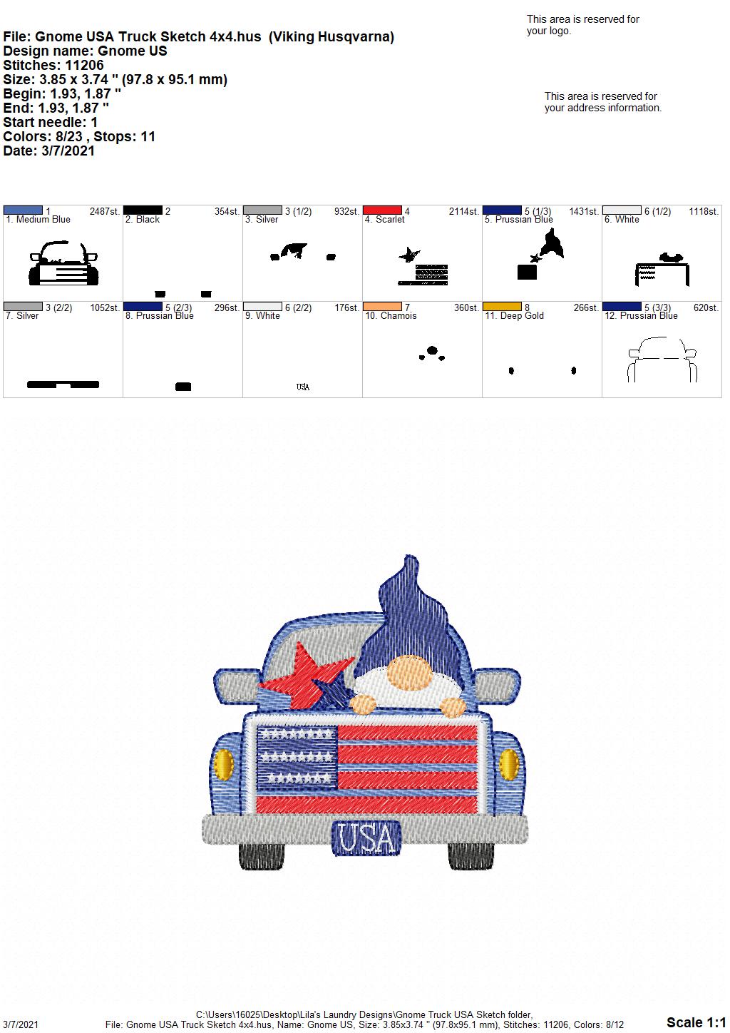 Gnome Truck USA Sketch - 2 sizes- Digital Embroidery Design