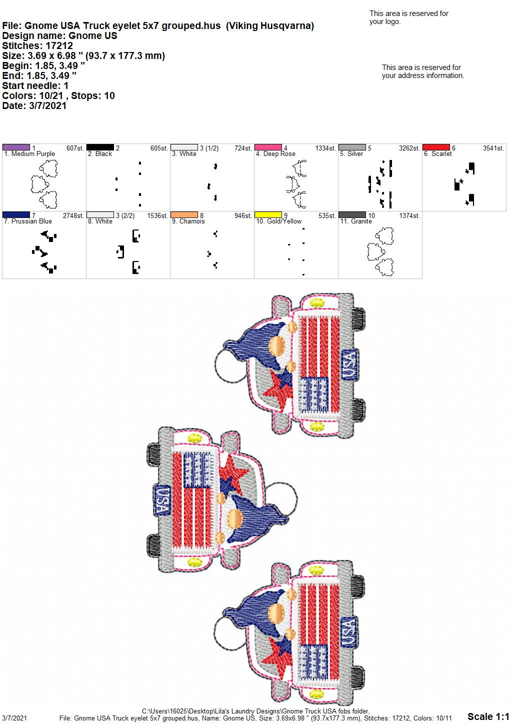 Gnome Truck USA Fobs - DIGITAL Embroidery DESIGN