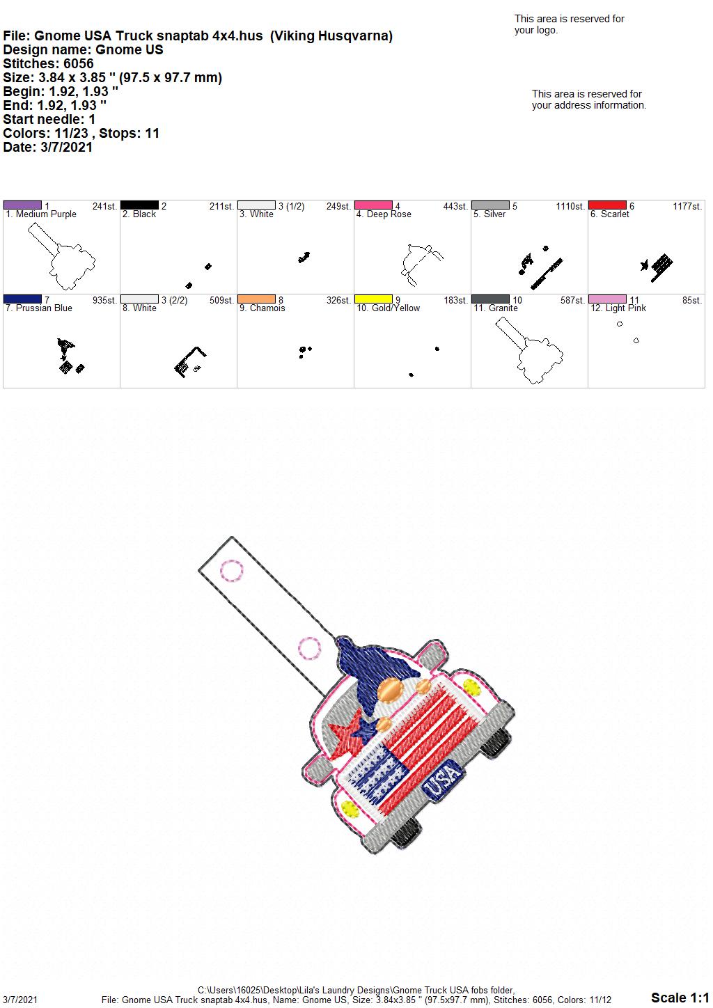 Gnome Truck USA Fobs - DIGITAL Embroidery DESIGN