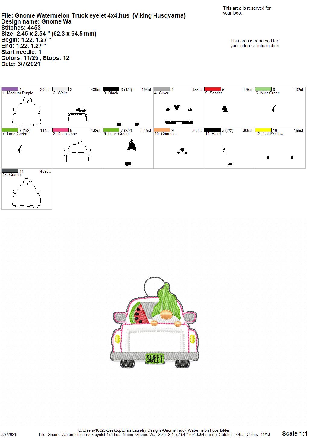 Gnome Watermelon Truck Fobs - DIGITAL Embroidery DESIGN