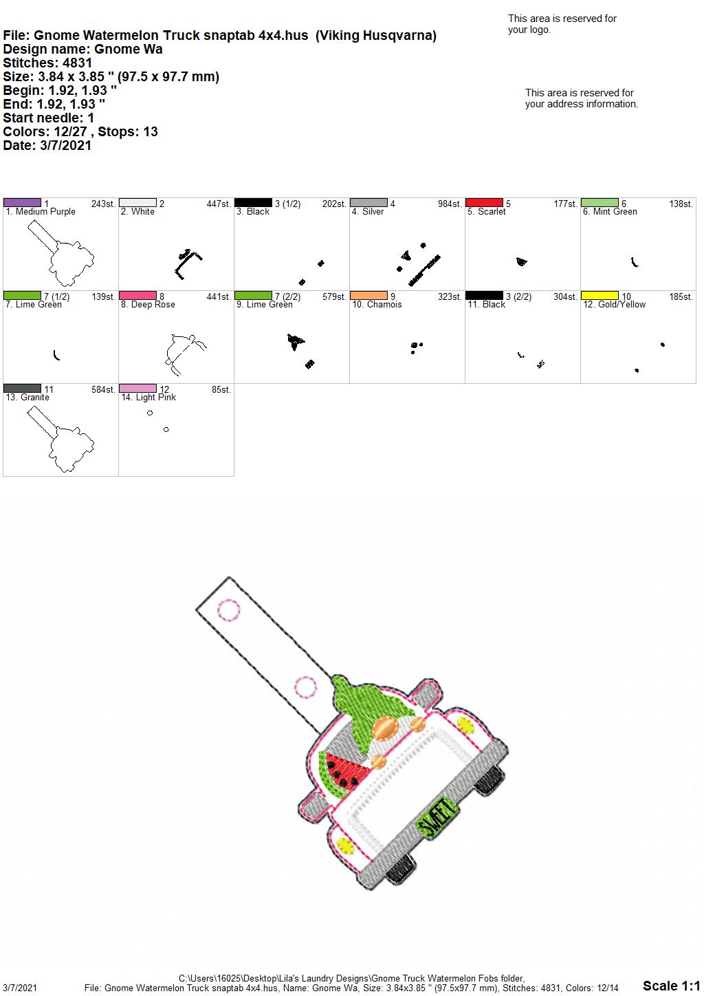 Gnome Watermelon Truck Fobs - DIGITAL Embroidery DESIGN