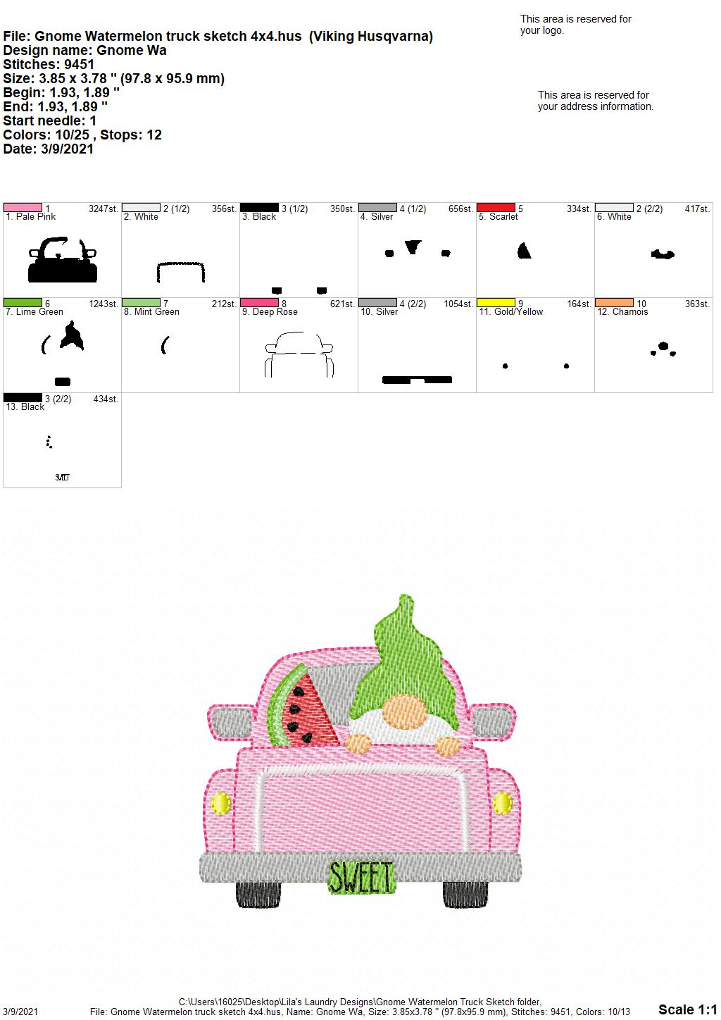 Gnome Watermelon Truck Sketch - 2 sizes- Digital Embroidery Design