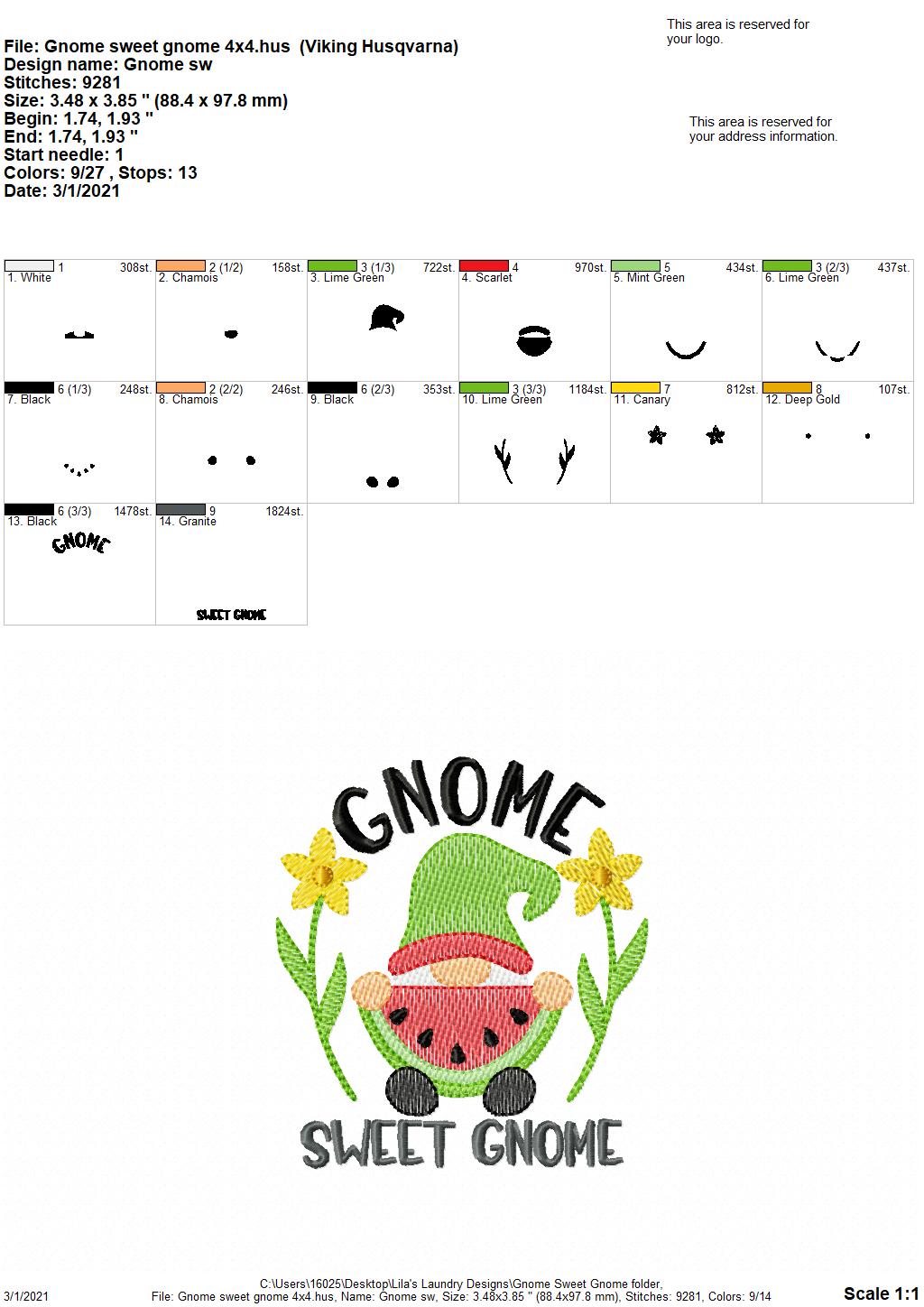 Gnome Sweet Gnome - 3 sizes- Digital Embroidery Design