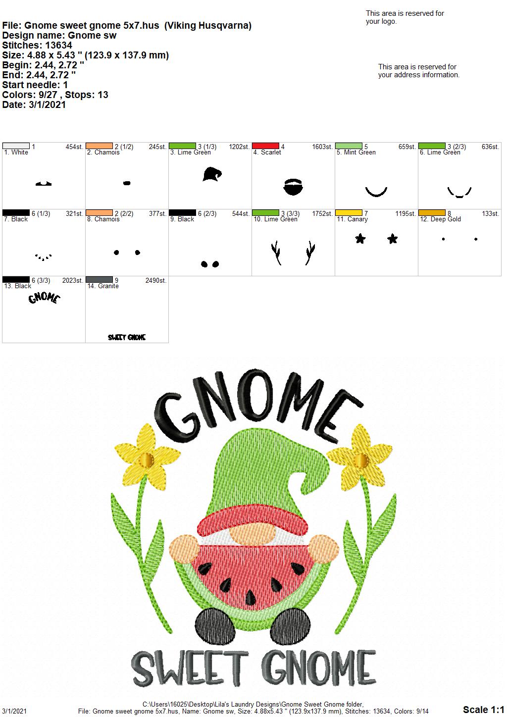 Gnome Sweet Gnome - 3 sizes- Digital Embroidery Design