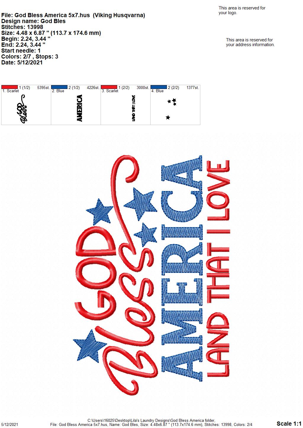 God Bless America - 3 sizes- Digital Embroidery Design