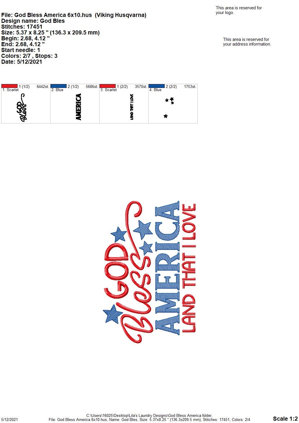 God Bless America - 3 sizes- Digital Embroidery Design