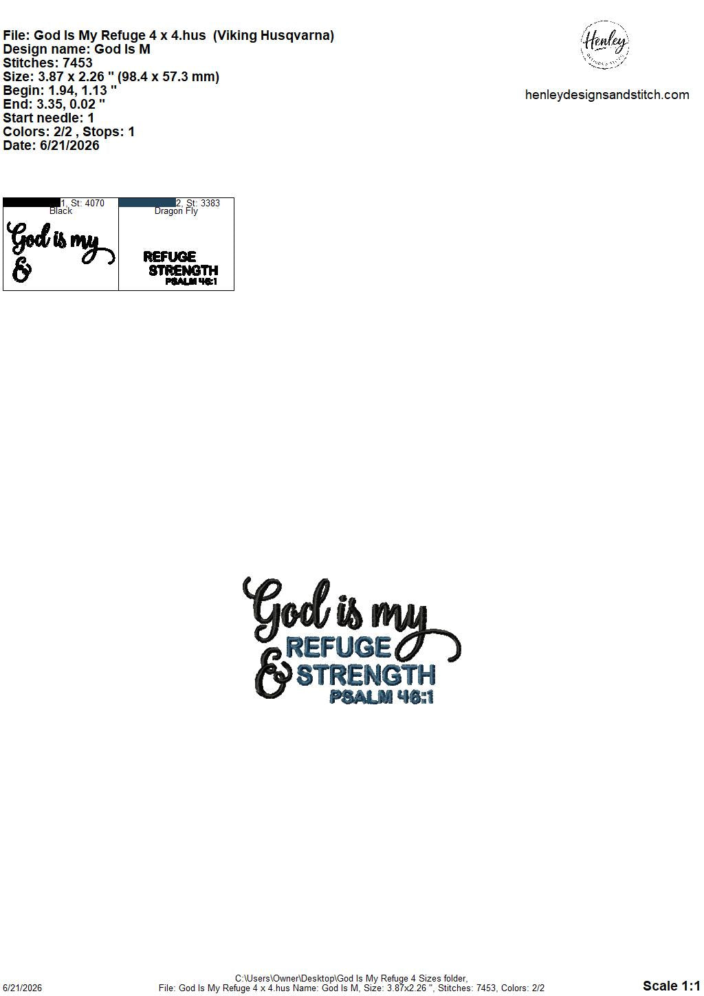 Bible Verse GOD is my Refuge and Strength – Psalm 46:1 – 4 x 4, 5 x 7, 6 x 10 and 8 x 12 – DIGITAL Embroidery Design