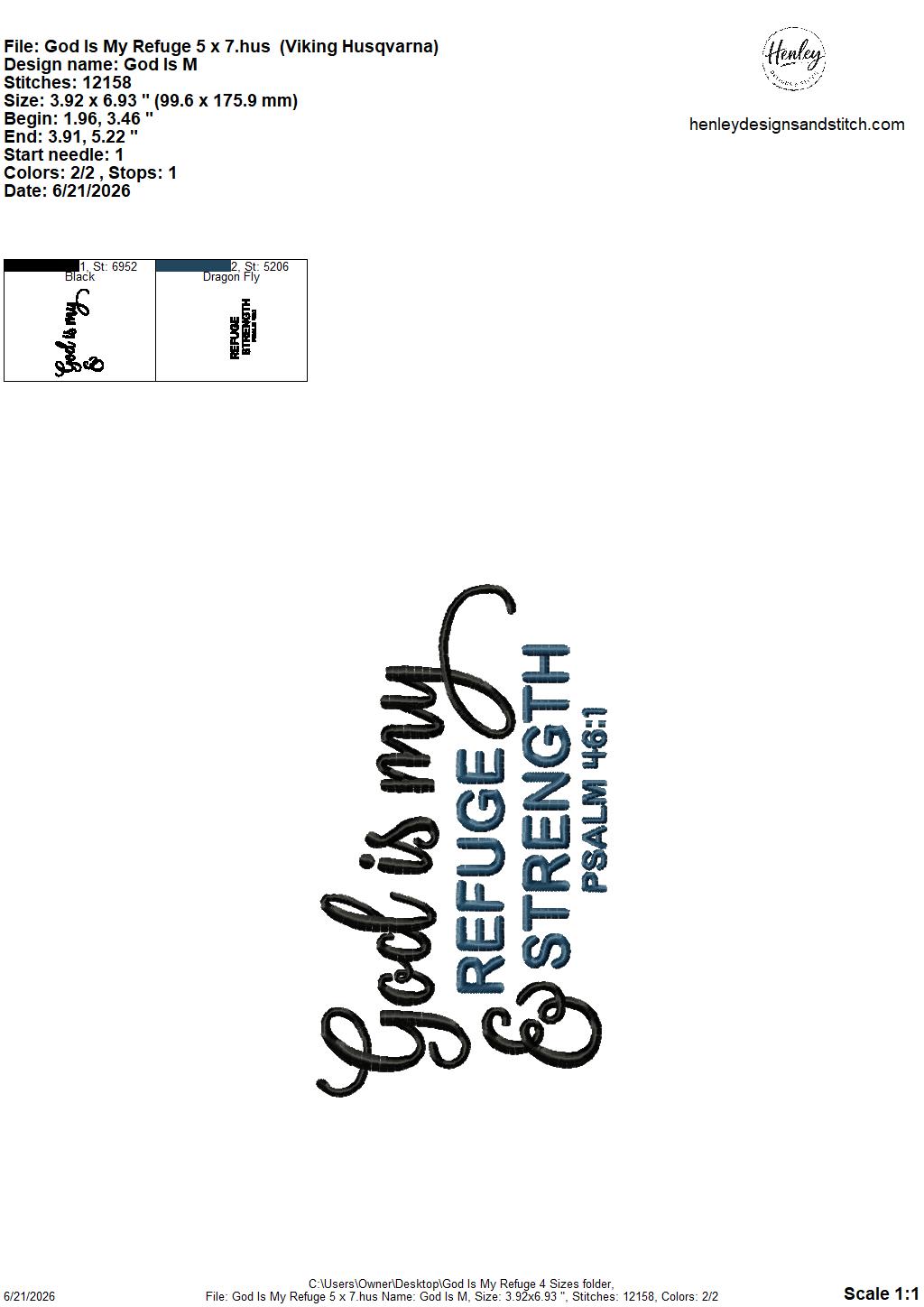 Bible Verse GOD is my Refuge and Strength – Psalm 46:1 – 4 x 4, 5 x 7, 6 x 10 and 8 x 12 – DIGITAL Embroidery Design