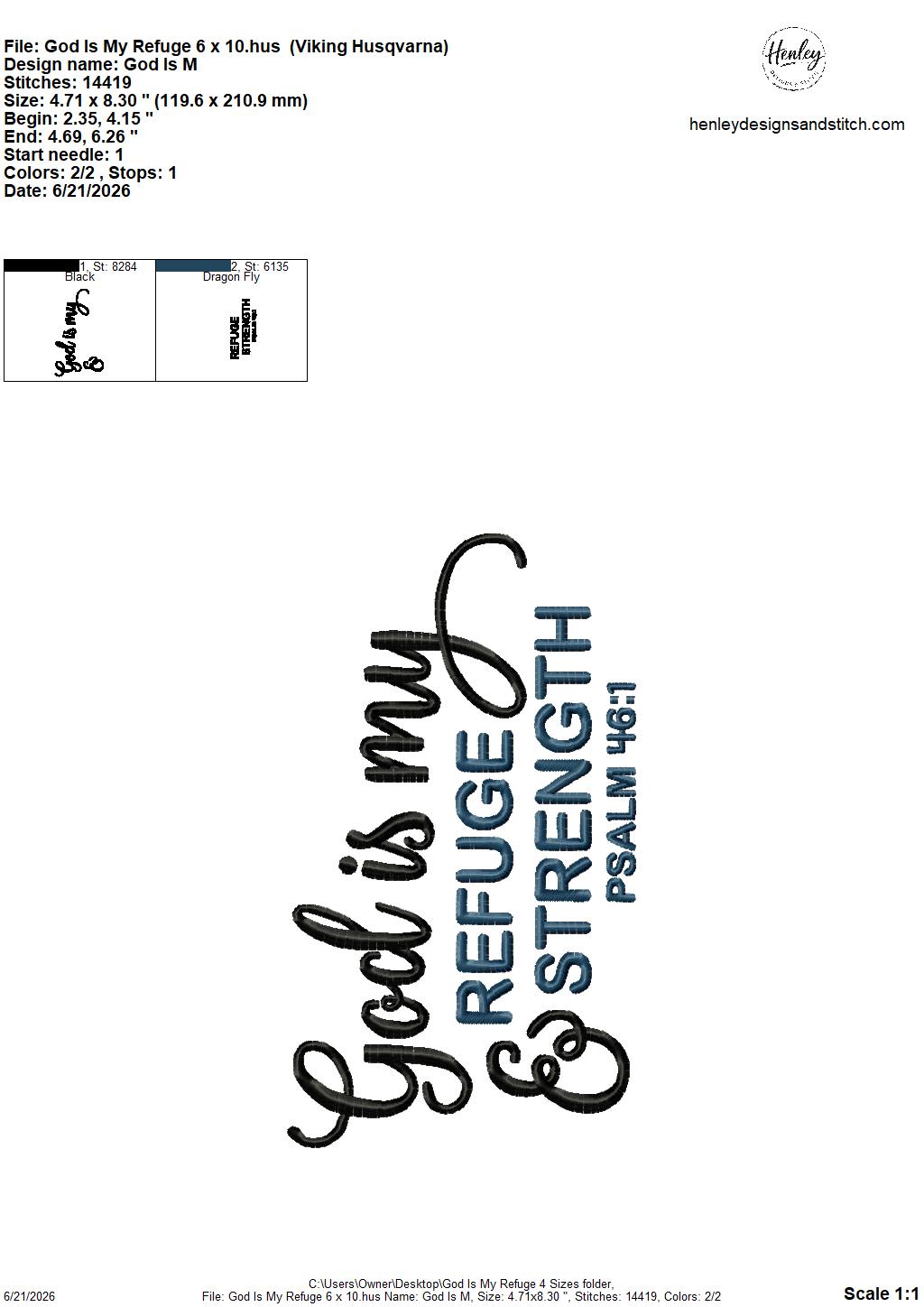 Bible Verse GOD is my Refuge and Strength – Psalm 46:1 – 4 x 4, 5 x 7, 6 x 10 and 8 x 12 – DIGITAL Embroidery Design