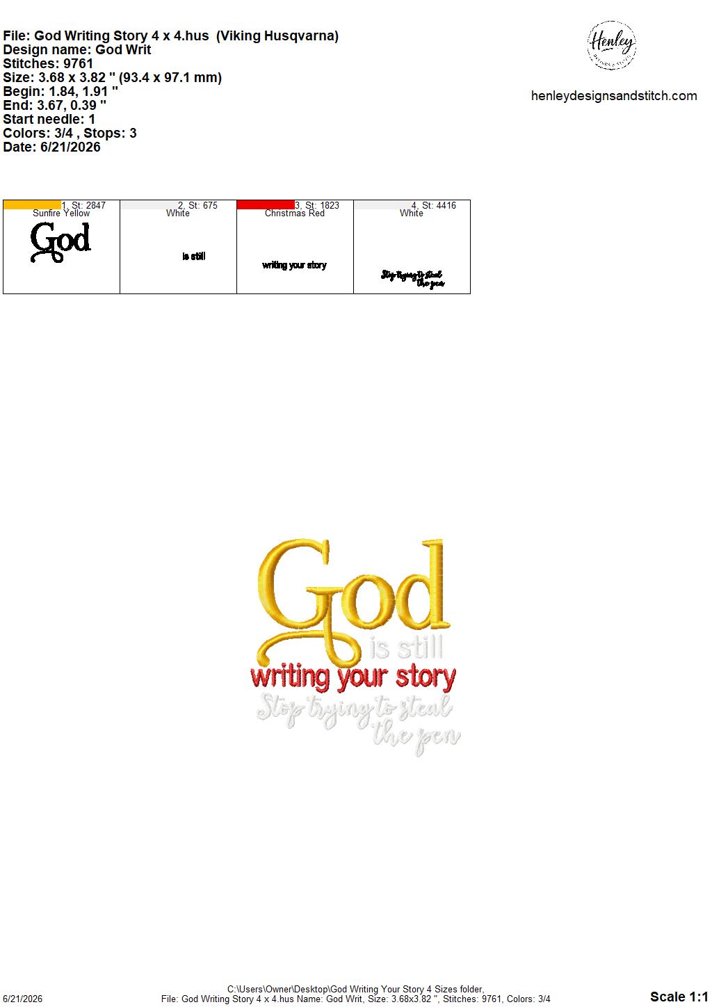 GOD Is Still Writing Your Story – 4 x 4, 5 x 7, 6 x 10 and 8 x 12 – DIGITAL Embroidery Design
