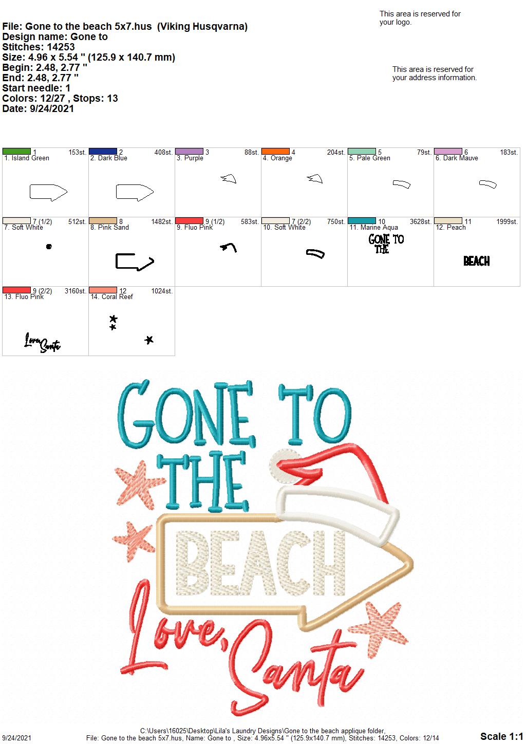Gone to the Beach Applique - 3 sizes- Digital Embroidery Design