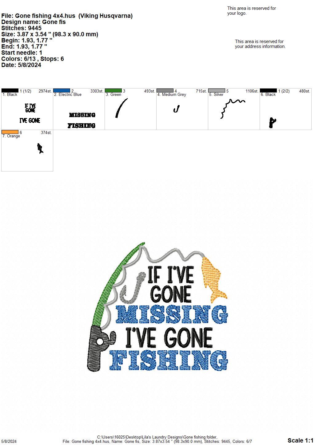 Gone Fishing - 4 Sizes - Digital Embroidery Design
