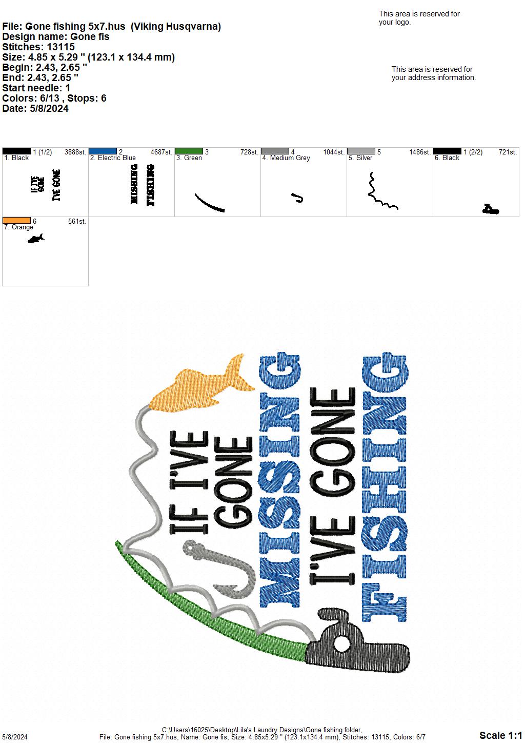 Gone Fishing - 4 Sizes - Digital Embroidery Design