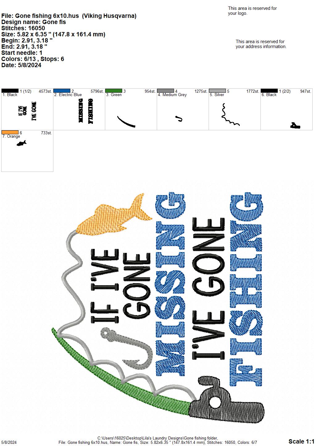 Gone Fishing - 4 Sizes - Digital Embroidery Design